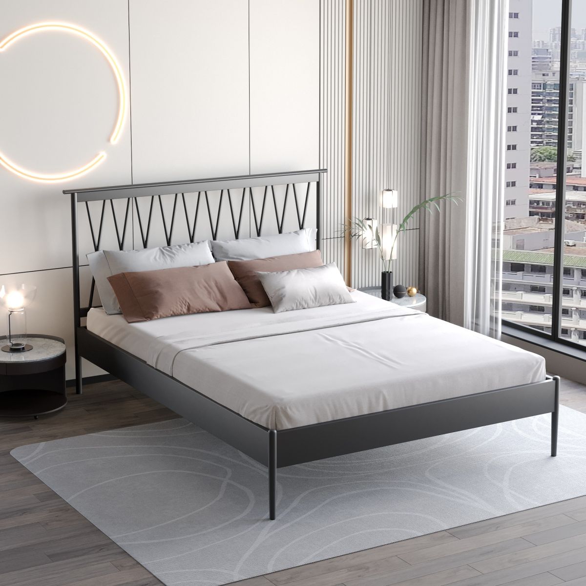 47.24" Height Metal Frame Standard Bed with Rectangle Open-Frame Headboard