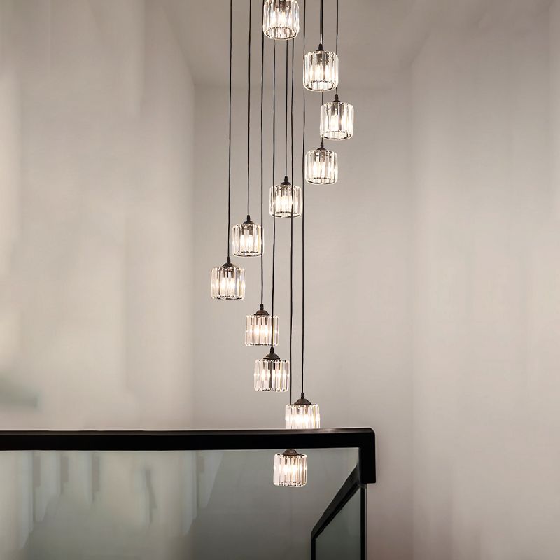 12 Lights Crystal Hanging Lighting Contemporary Black Cylinder Living Room Multiple Lamp Pendant