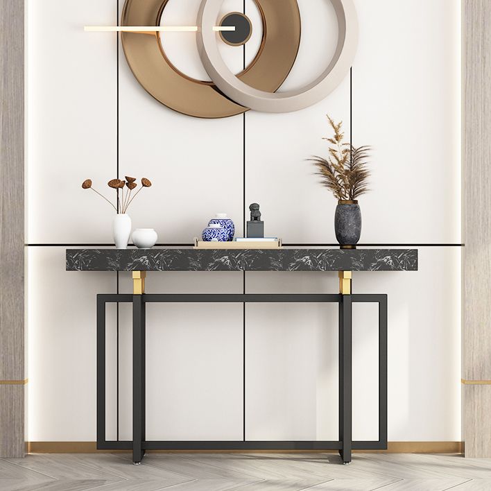 Rectangle Marble Top Console Table with Iron Trestle Base for Hall