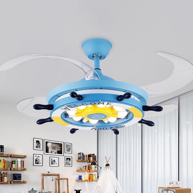 Remote Control Rudder Semi Flush Mount Mediterranean Metal Kids Bedroom LED Pendant Fan Light