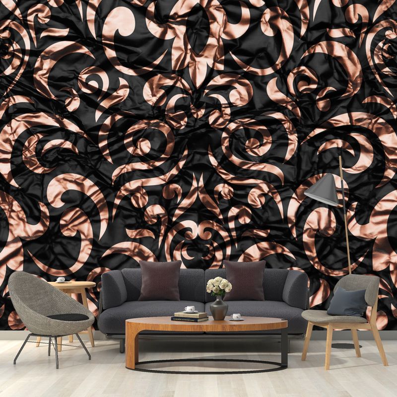 Dark Color Scrolls Foil Mural Stain-Resistant Nostalgic Living Room Wall Covering
