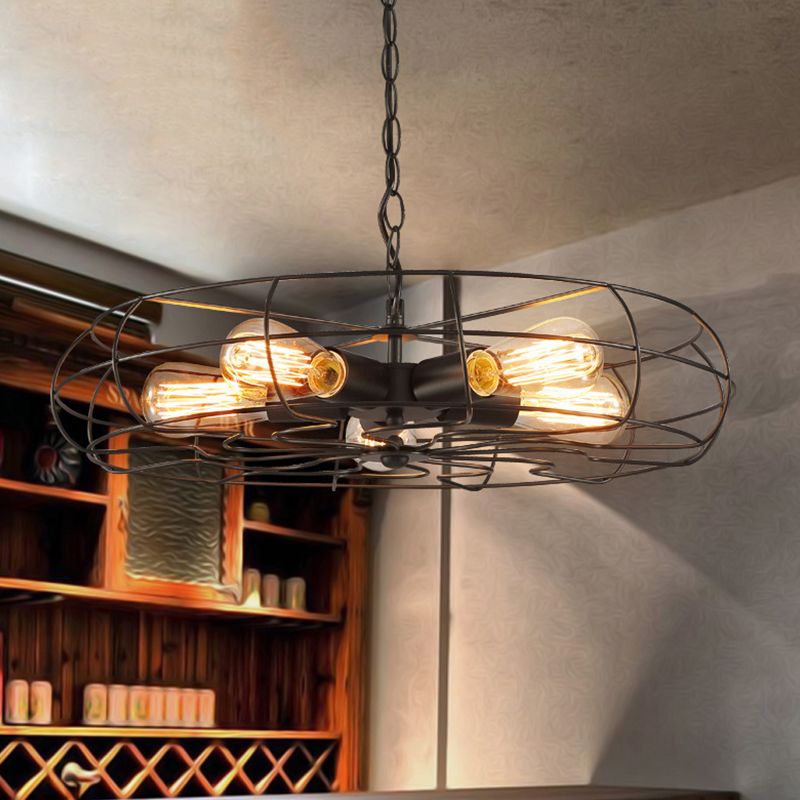 Round Caged Restaurant Ceiling Pendant Industrial Iron 5-Bulb 19"/21.5" W Black Chandelier Lamp