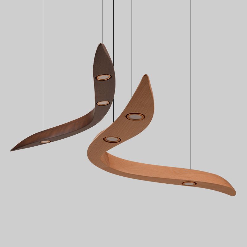 Minimalist Novelty 3-Light Pendant Curved Pendant Light with Wooden Shade for Bar