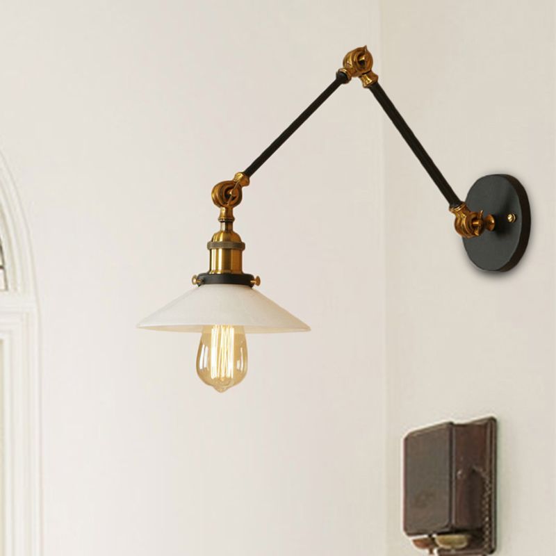 1 Light Saucer Shade Sconce Light Fixture Industrial Brass/Bronze Frosted Glass Wall Lamp with Swing Arm