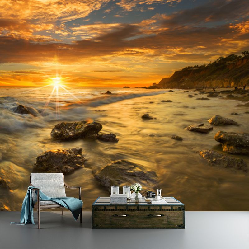 Stunning Seashore Sunset Mural Wallpaper for Home, Yellow-Blue, Personalized Size