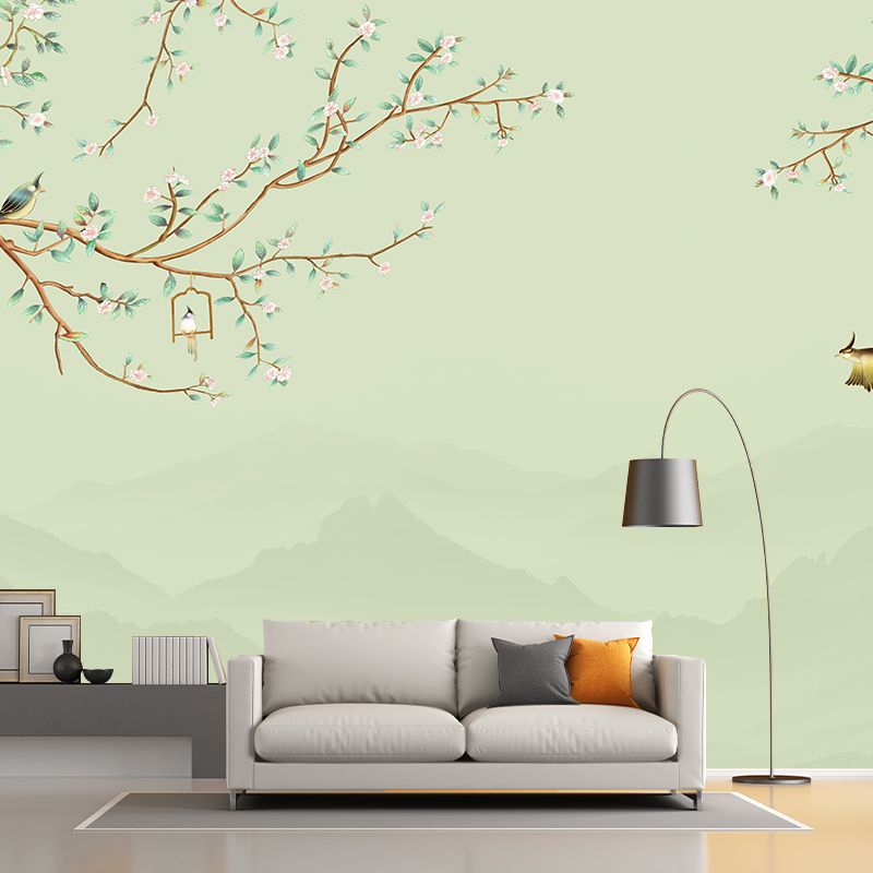 Big Flower and Bird Mural in Pastel Green Non-Woven Fabric Wall Art for Home Decor, Custom-Made