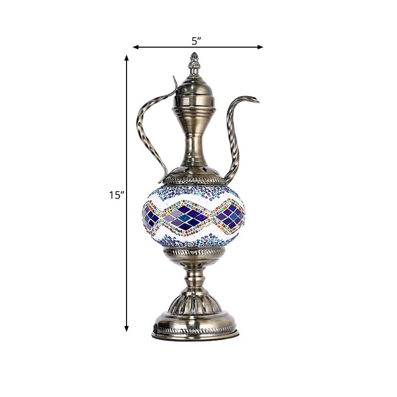 Vintage Teapot Shaped Night Table Lamp 1 Bulb Pink/Purple/Blue and Purple Stained Glass Nightstand Light for Bedroom