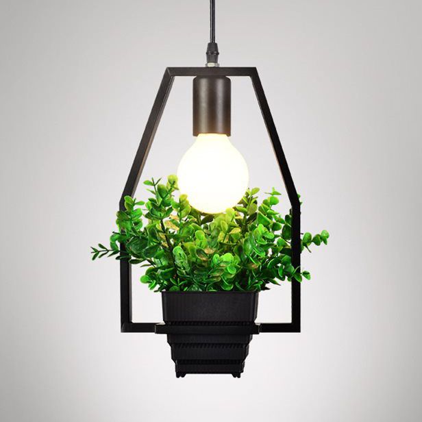1 Light Planter and Frame Hanging Light Industrial Style Black Finish Metal Pendant Lamp for Balcony