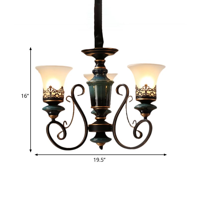 3/5/6-Bulb Chandelier Light Fixture with Bell Shade Opal Glass Rural Guest Room Suspension Pendant in Black-Gold