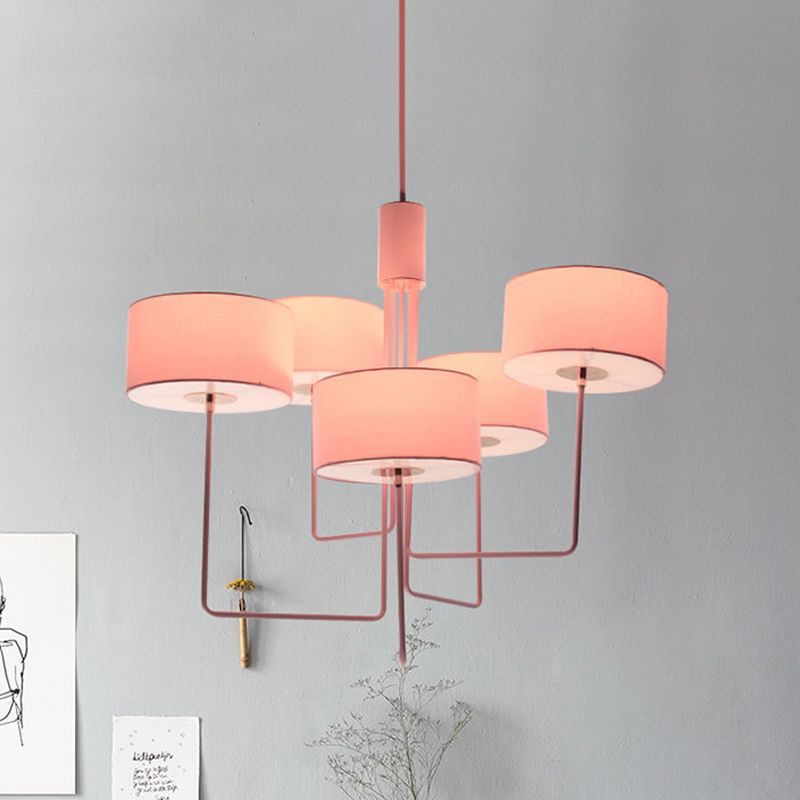 Tessuto di illuminazione lampadario moderno a tamburo 5 lampadine kit lampada sospesa in rosa