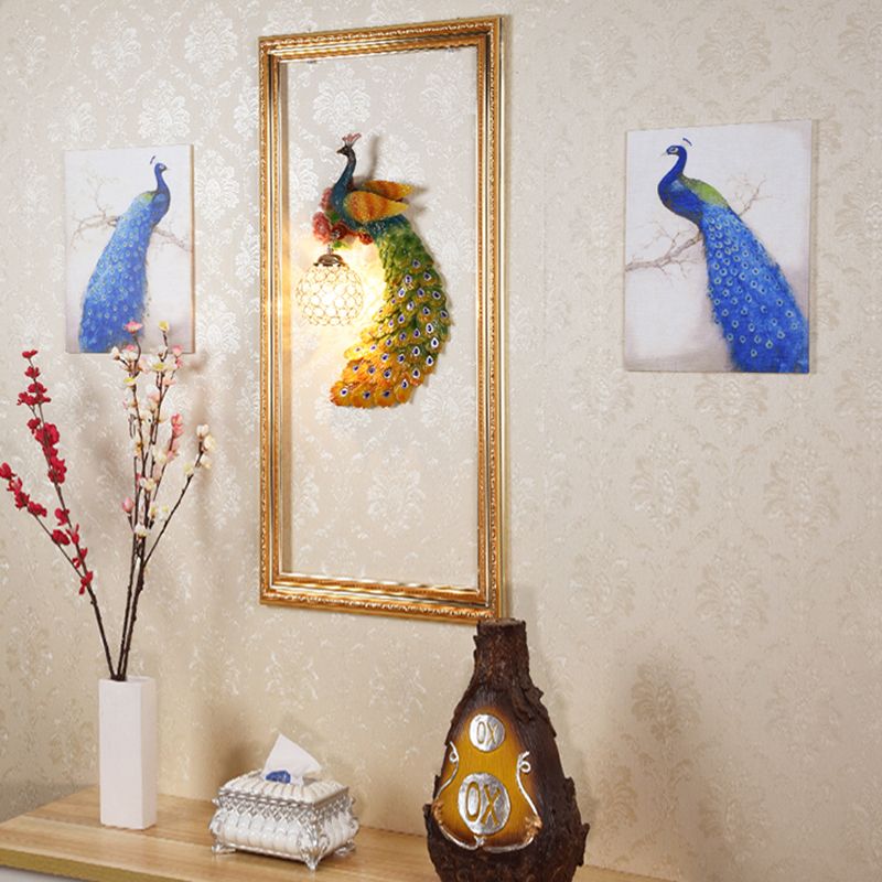 1/2-Pack Blue/Green Peacock Wall Light Fixture 8"/10" Wide 1 Head Retro Style Resin Wall Lamp with Crystal Global Shade, Left/Right