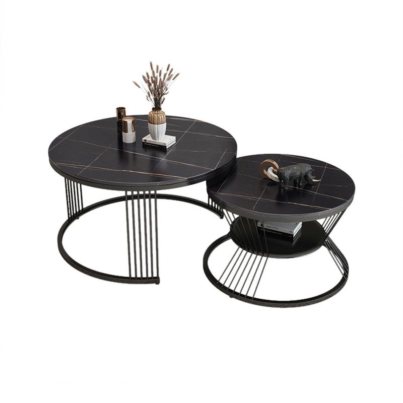 Round Slate Coffee Table Glam Nesting Coffee Table Set with Storage Shelf