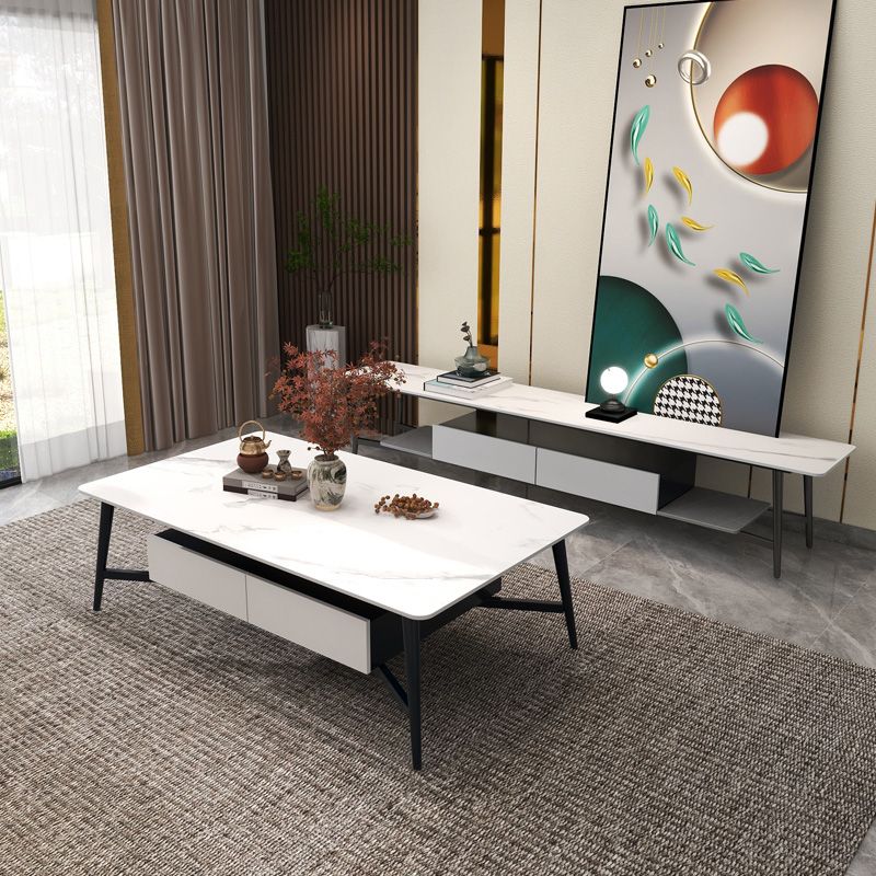 4 Legs Slate Cocktail Table Shelf Included Rectangular Coffee Table