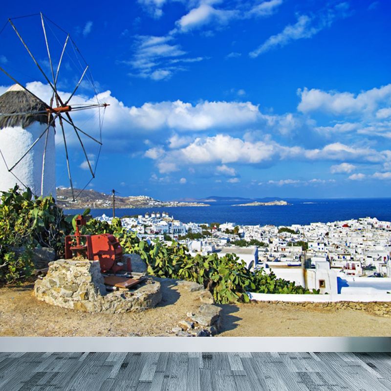 Huge Windmill Mural for Bathroom Nature Landscape Wall Art in Blue, Stain Resistant