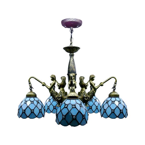 5 luci cupola il lampadario sospeso tiffany blu taglio a sospensione in pendente con sirena deco