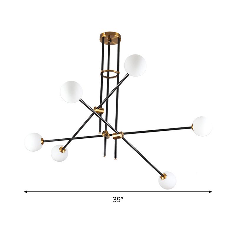 Crossed Line Hanging Lamp Minimalist Metal 6 Heads Black Chandelier Light with Globe Opal Glass Shade