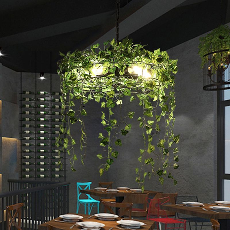 Metal Black Plant Chandelier Lamp Round 5 Bulbs Antique Hanging Ceiling Light for Restaurant