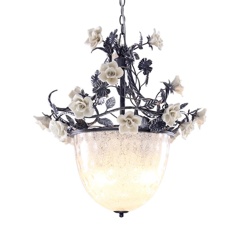 4-Bulb Bowl Chandelier Pendant Light Pastoral Style White Glass Hanging Lamp with Flower Decoration