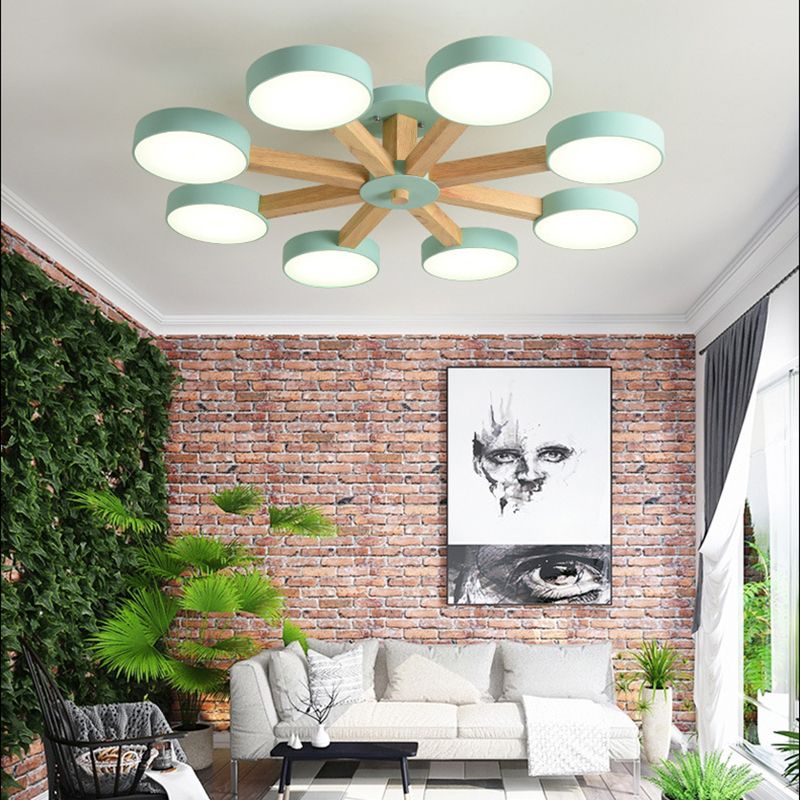 Wooden LED Macaron Ceiling Light in Modern Simplicity Iron Radial Ceiling Fixture with Acrylic Shade