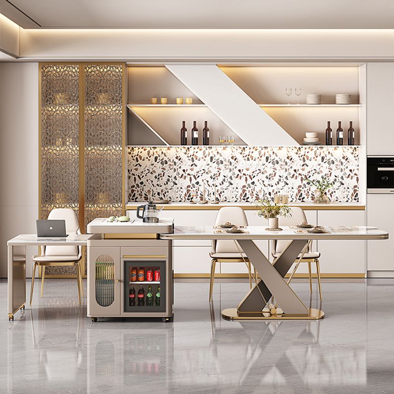 Glossy Beige Dinette Table with Metal Base Modern Dining Table for Home