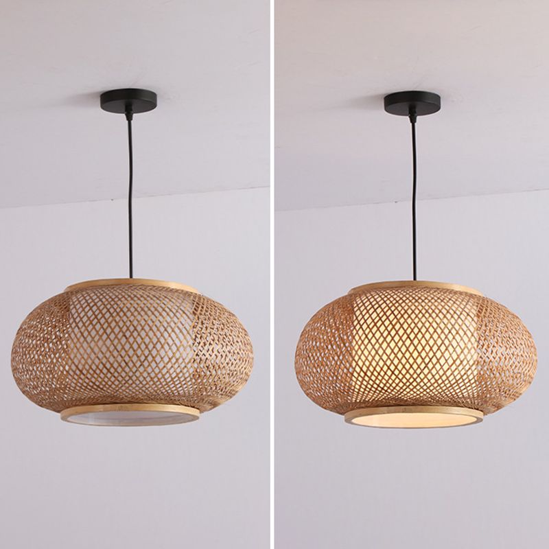 1 Light Rounded Drum Hanging Light Fixture Asia Wicker Ceiling Light with Hanging Cord for Restaurant
