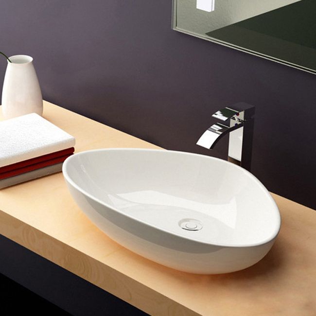 Modern Bathroom Sink Porcelain Pop-Up Drain Oval-Shape Vessel Sink (Faucet Not Included)