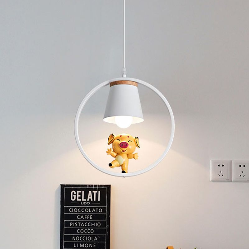 Pig Resin Pendant Lighting Cartoon 1-Light Yellow Suspension Lamp with White Ring
