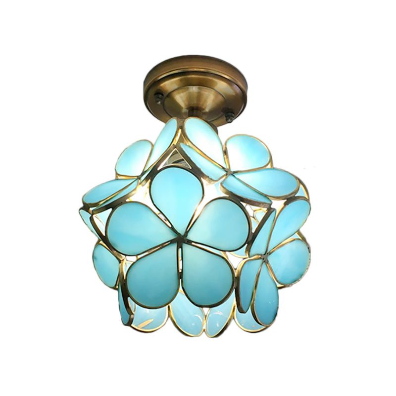 1 Light Pink/Blue/Green/Clear Floral Ceiling Light Fixture Retro Style Stained Glass Flushmount Light for Hallway