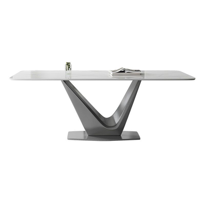 Grey Metal Pedestal Base Table Rectangle Sintered Stone Top Dining Table