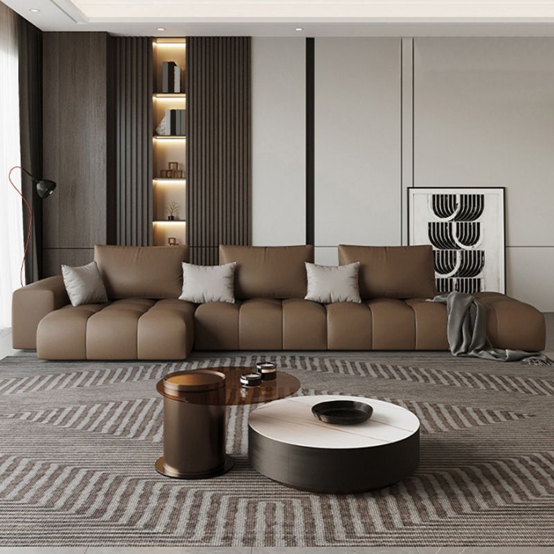 Dark Brown Faux Leather Sectional Stain-Resistant One Arm Sectional for Living Room