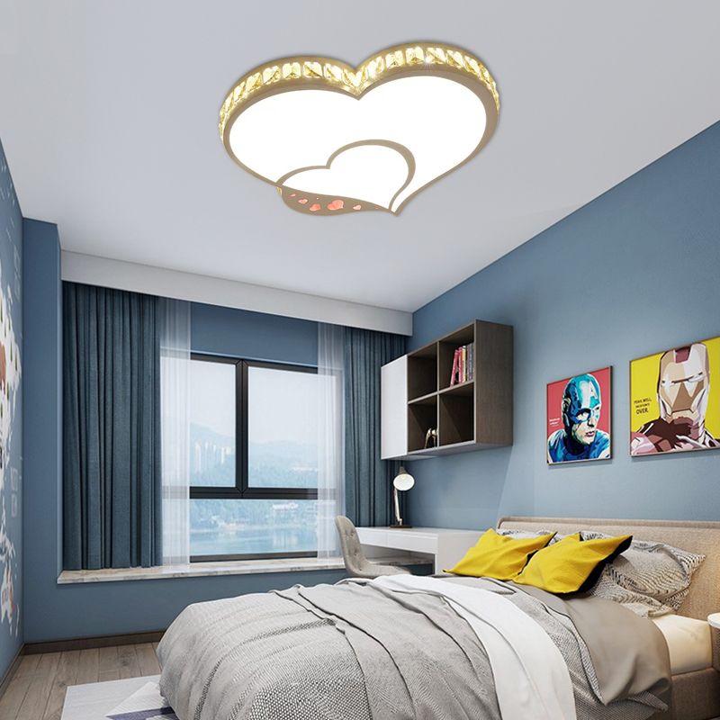 Plafonnier Double coeur moderne acrylique LED plafonnier blanc avec cristal clair pour chambre d'enfant