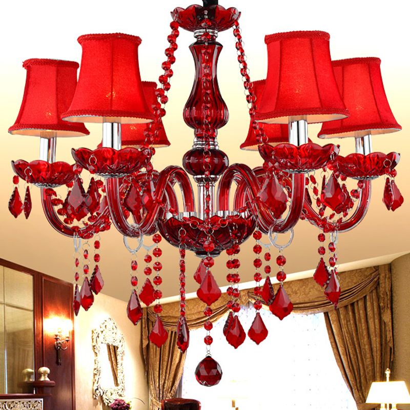 Lampadario modernista a soffitto svasato k9 cristallo 6 lampadine lampada a sospensione soggiorno in rosso