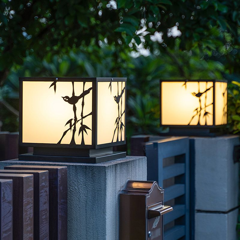 Square Shape Metal Waterproof Pillar Lamp Modern-Style 1 Light Outdoor Light in Black