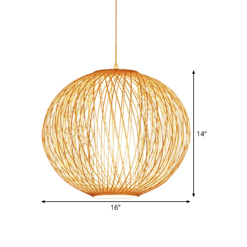 Beige Globe Pendant Lamp Chinese 1 Bulb Bamboo Hanging Light Kit with Inner White Cylinder Fabric Shade