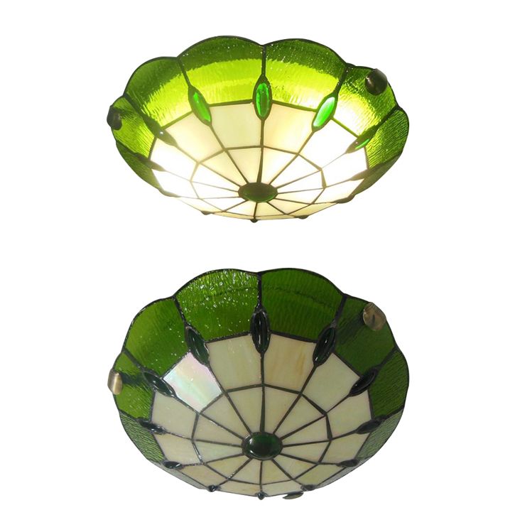 12"/16"/19.5" Wide Bedroom Ceiling Lights Tiffany Style Green/Yellow Dome Shade Flush Mount Light with Jewel Decoration