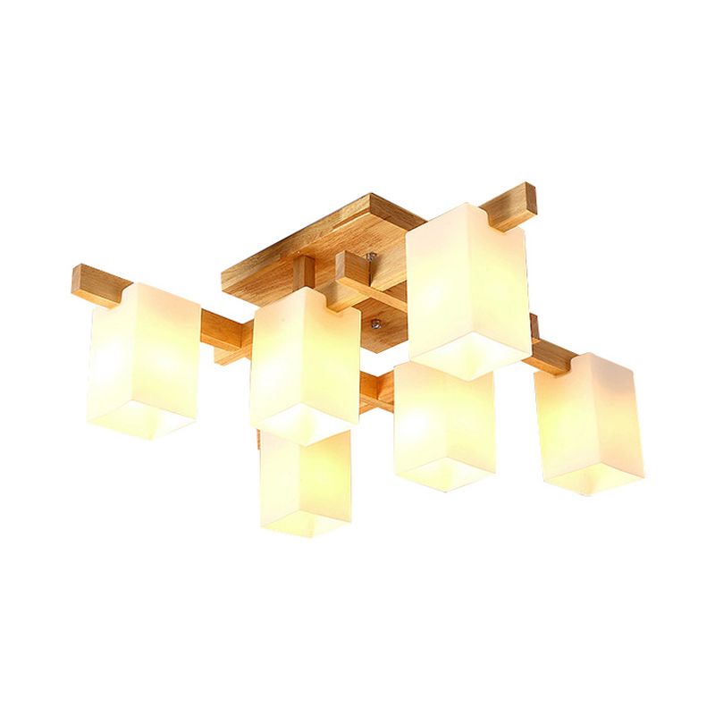 Frosted White Glass Cuboid Semi Flush Contemporary 6-Light Close to Ceiling Light with Wood Arm