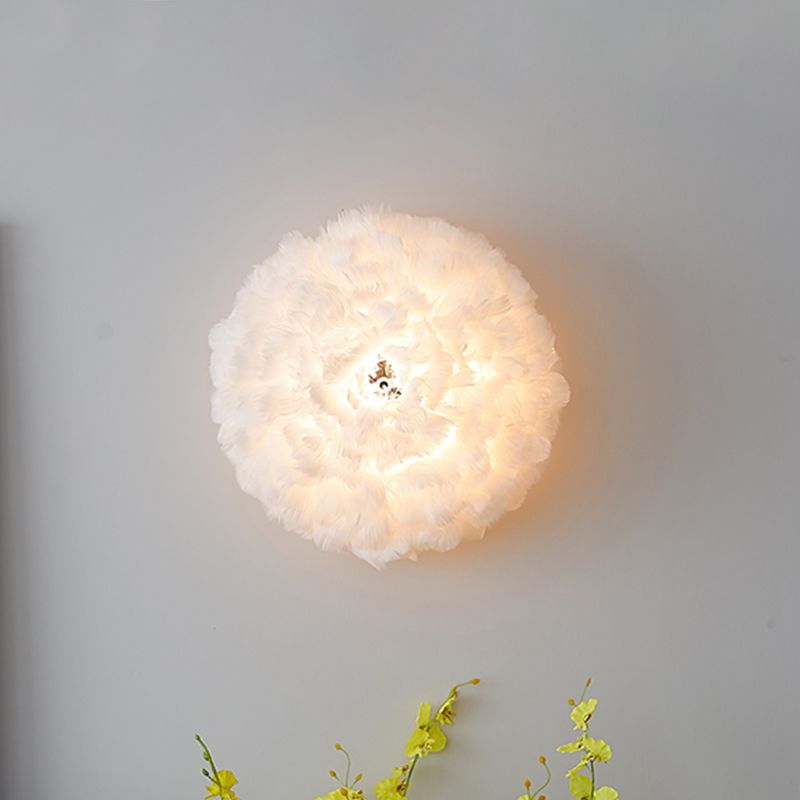 Blooming Natural Feather Wall Light Modern Stylish 1 Head Grey/White Sconce Lighting for Sitting Room