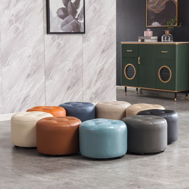 Modern Tufted Ottoman Water Resistant Genuine Leather Round Foot Stool Ottoman
