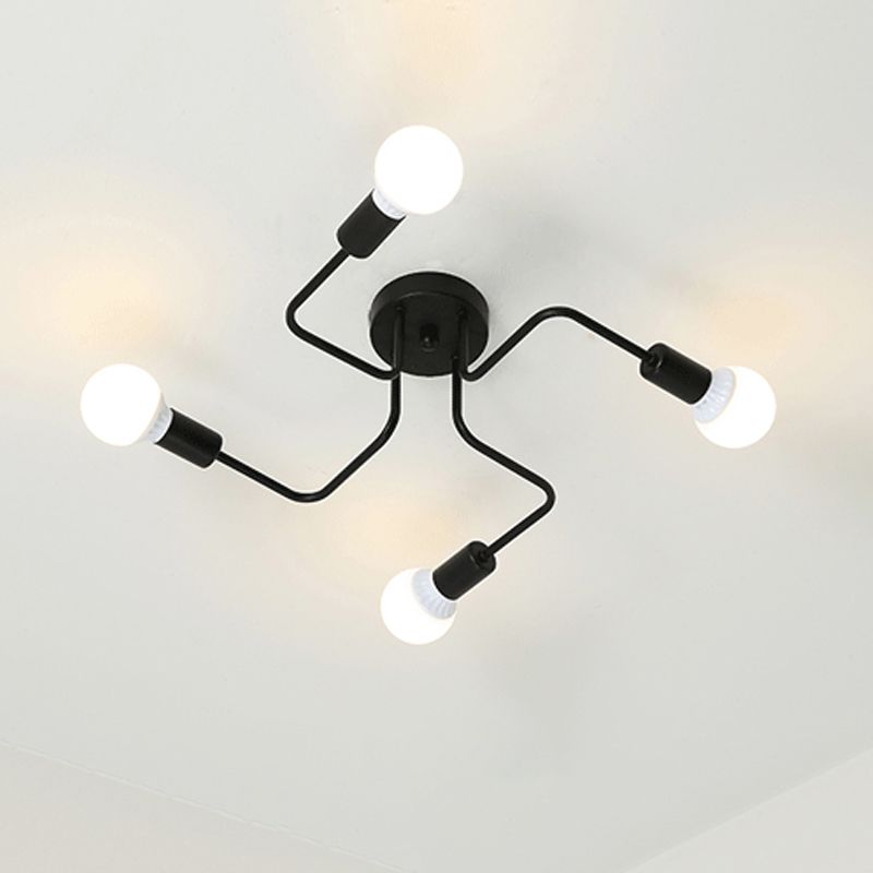 Loft Industrial Exposed Semi Flush Light Fixture 4/6-Head Metallic Ceiling Light Fixture in Black/White for Living Room