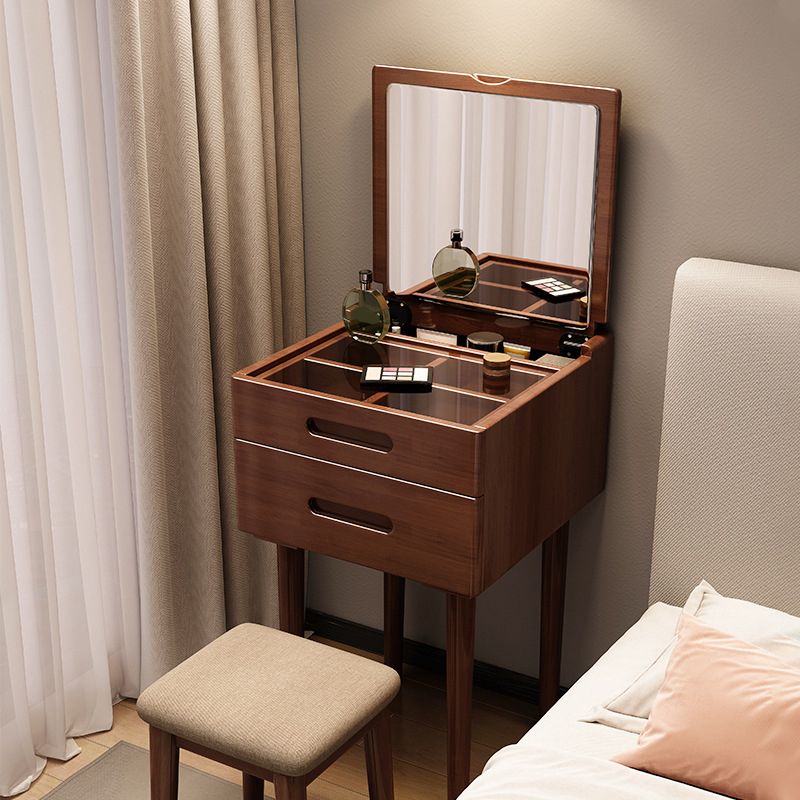 Traditional Solid Wood 2 Drawers Vanity Table with Mirror and Stool