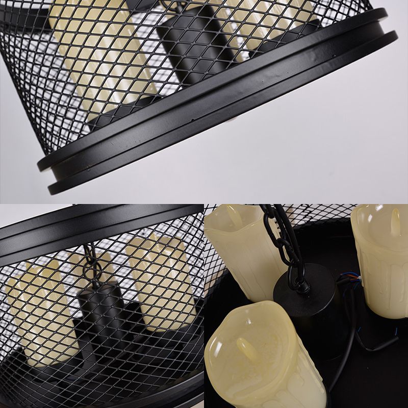 Black Drum Shade Chandelier Industrial Metal and Resin 3-Light Living Room Pendant Lighting Fixture with Cage