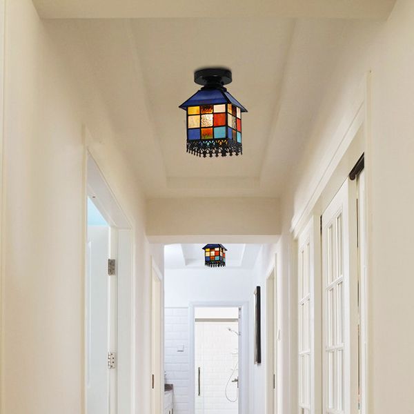 1 Head House Flush Verlichting Rustiek Lodge Style Glas Flush Mount Lamp in Black/Blue/Brass/Clear/Blue-Clear voor Foyer