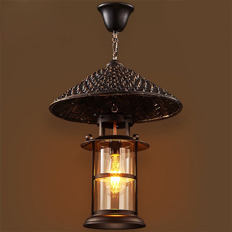 Straw Hat Metal Suspension Lighting Retro Single Restaurant Pendant Ceiling Light with Cylindrical Glass Shade