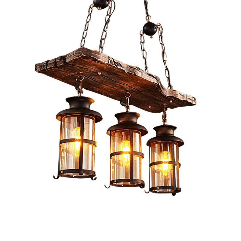 3 Lights Chandelier Nautical Cylinder Clear Glass Hanging Light with Wood Plank Deco in Brown
