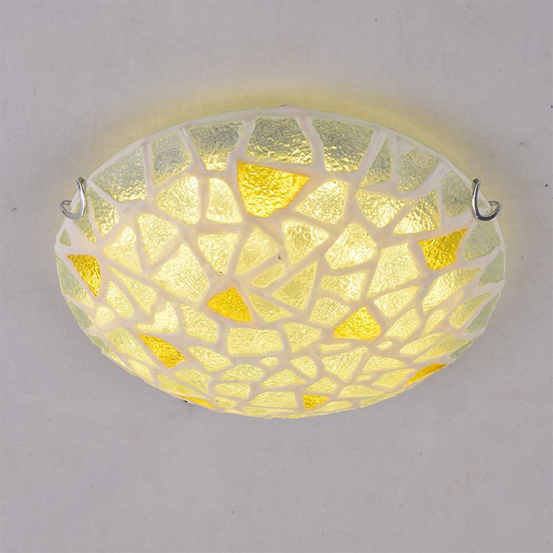 Handcrafted Glass Yellow Ceiling Lamp Dome Shaped Mediterranean Style Flush Mount Light for Bedroom