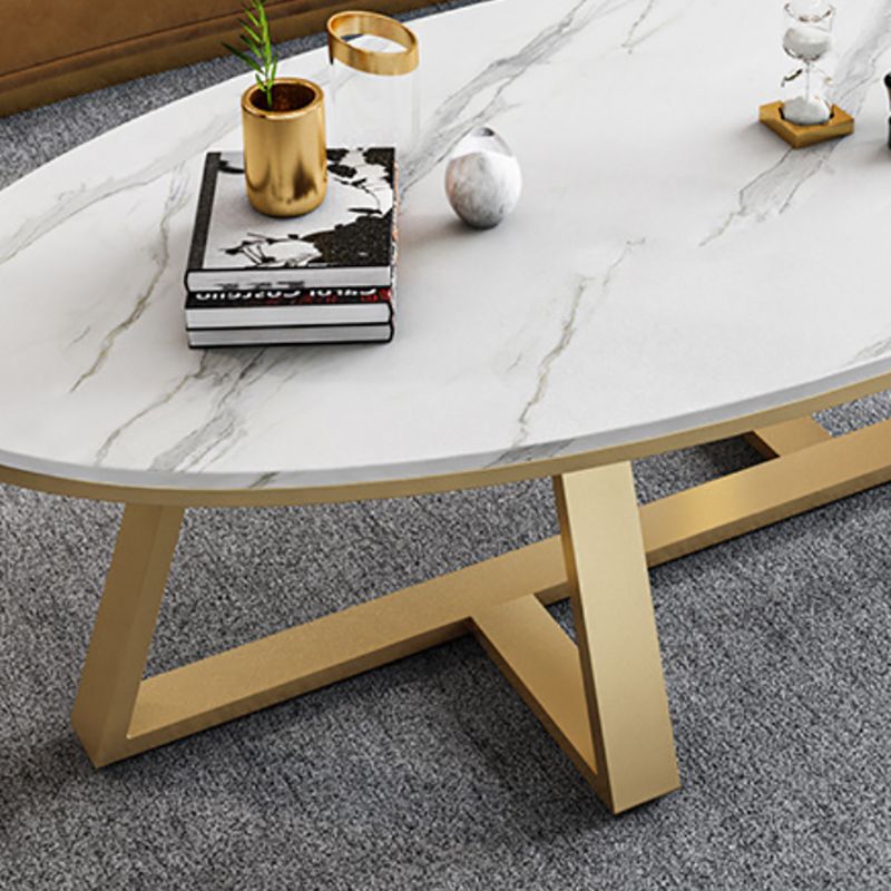 White Oval Stone Top Coffee Table with Iron Cross Base Cocktail Table