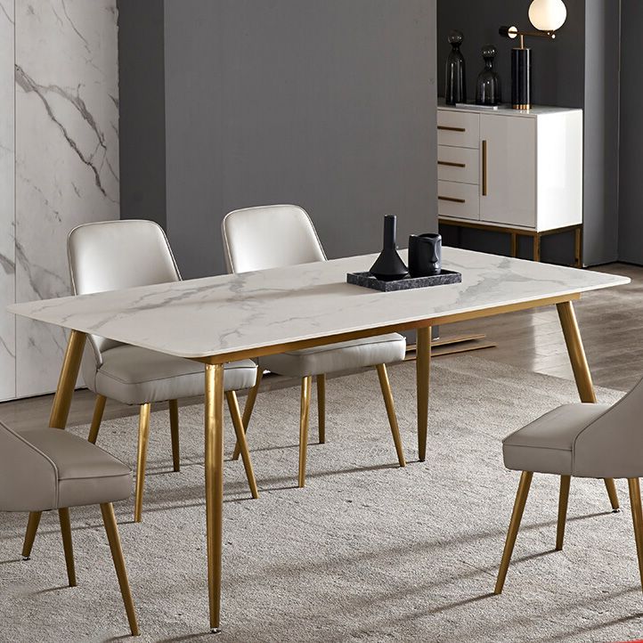 Traditional Luxury Rectangle Dining Table White Sintered Stone Table with 4 Gold Legs