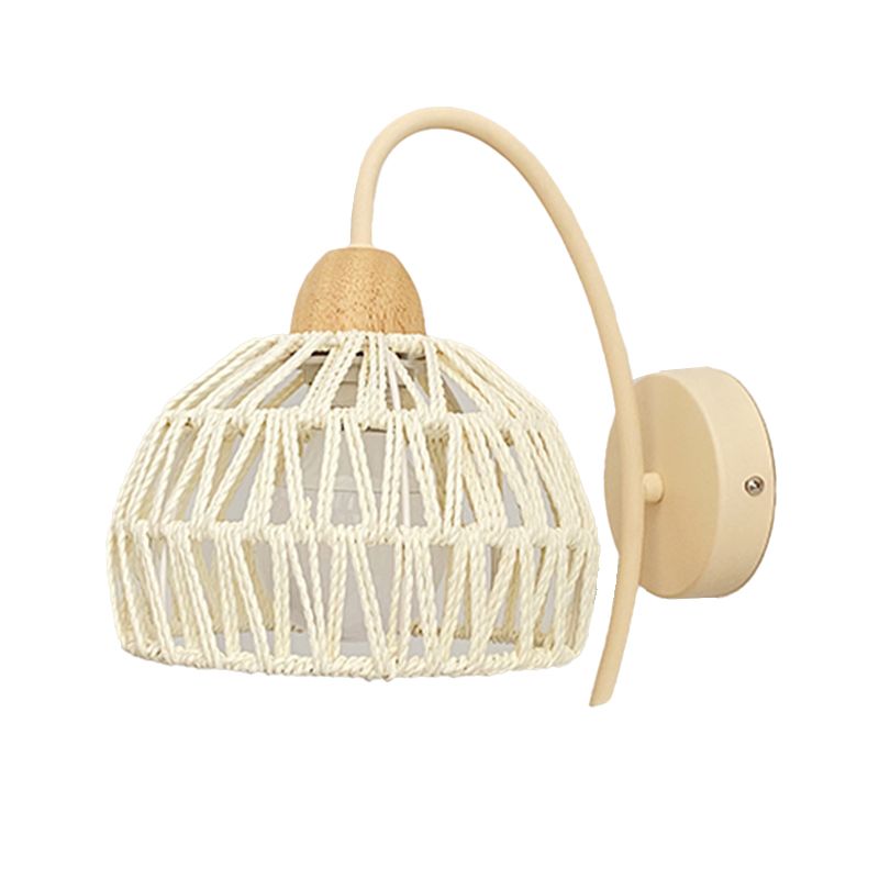 Single Light Wood Wall Sconce Rattan Dome Shade Wall Lighting in White