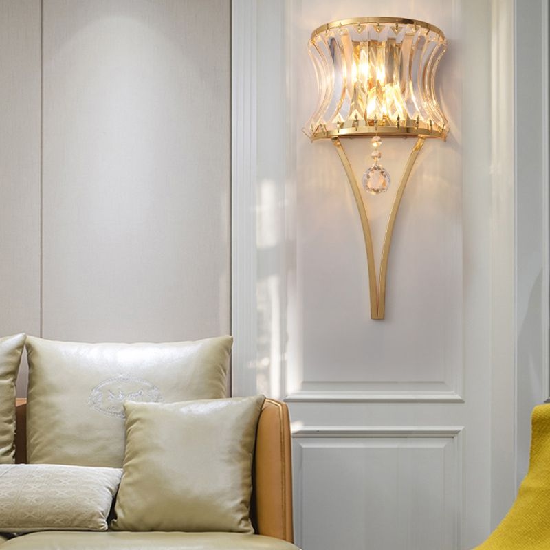 Curved Drum Metal Wall Light Vintage Style Golden 2 Lights Sconce Lamp with Clear Crystal Prism