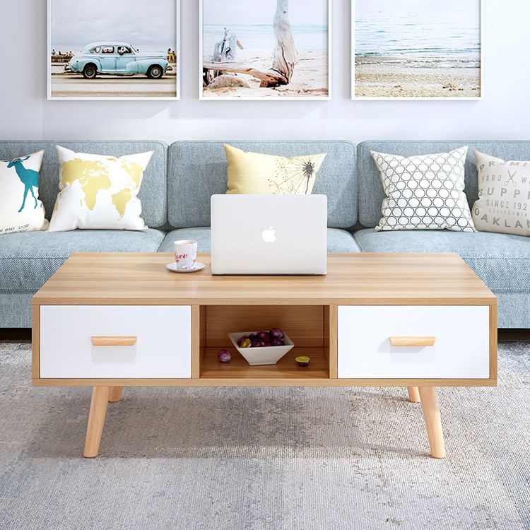 Modern 4 Legs Cocktail Table Wood 1 Single Coffee Table with Drawers